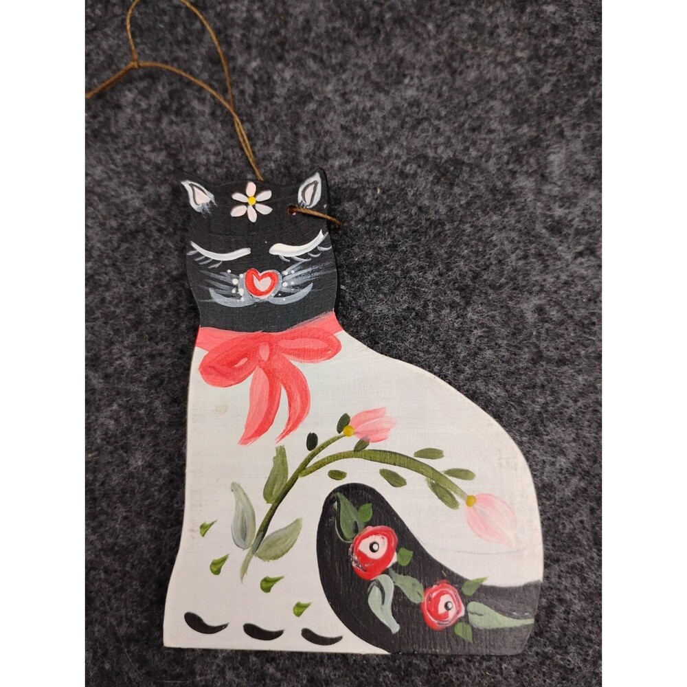 Vintage Hand Painted Wood Cat Ornament Folk Art Artisan Boho Whimsical Signed